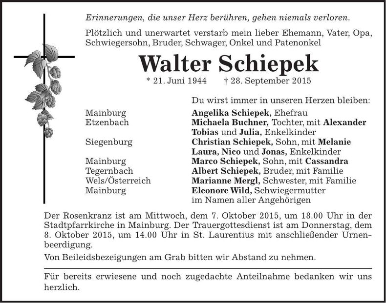 Traueranzeige Walter Schiepek