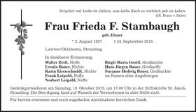 Traueranzeige Frieda F. Stammbaugh