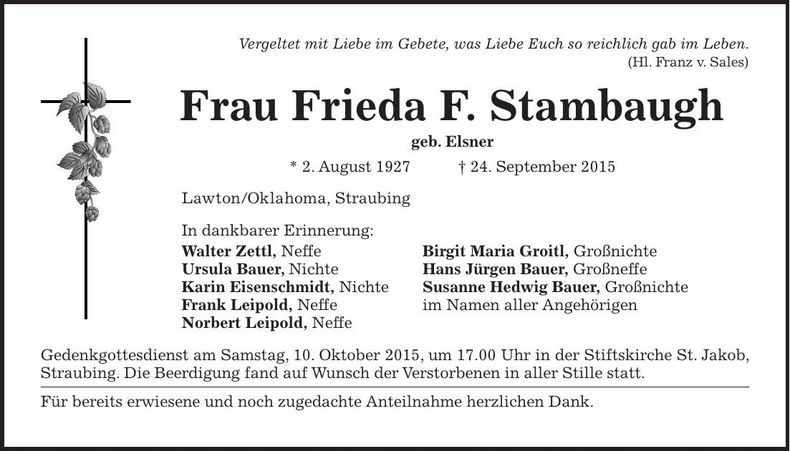 Traueranzeige Frieda F. Stammbaugh