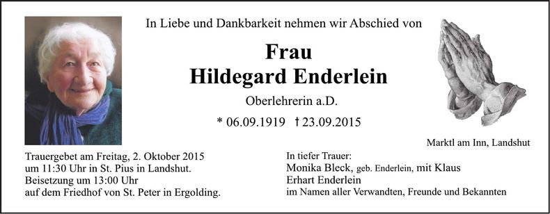 Traueranzeige Hildegard Enderlein