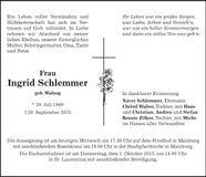 Traueranzeige Ingrid Schlemmer