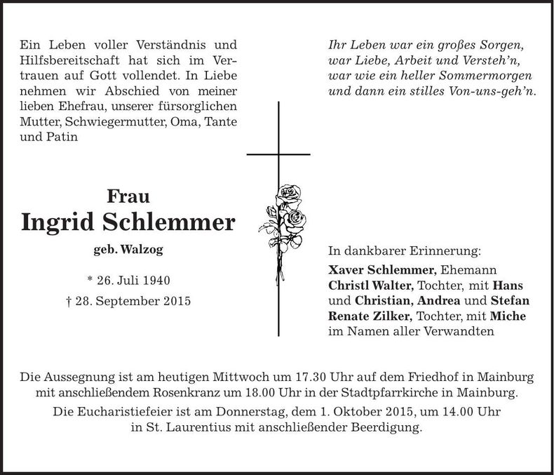 Traueranzeige Ingrid Schlemmer