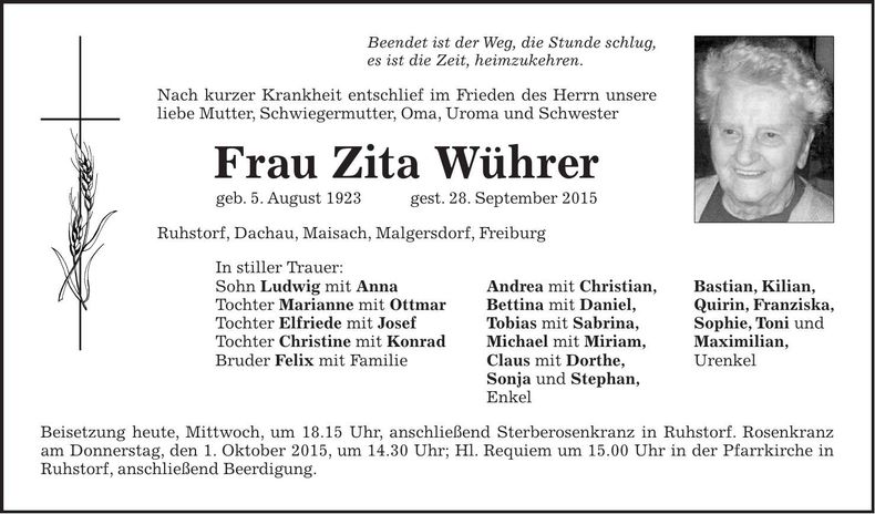 Traueranzeige Zita Wührer