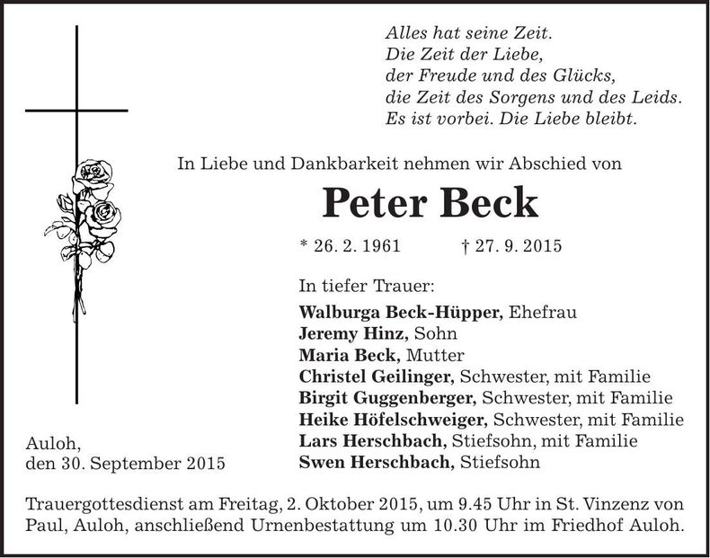 Traueranzeige Peter Beck