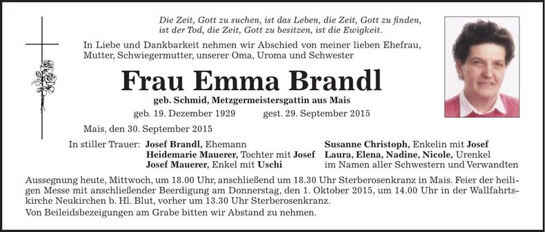 Traueranzeige Emma Brandl