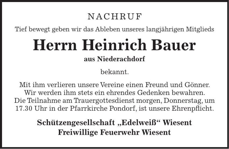 Traueranzeige Heinrich Bauer