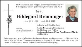 Traueranzeige Hildegard Brenninger