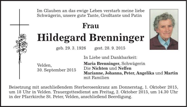 Traueranzeige Hildegard Brenninger