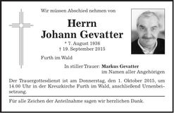 Traueranzeige Johann Gevatter