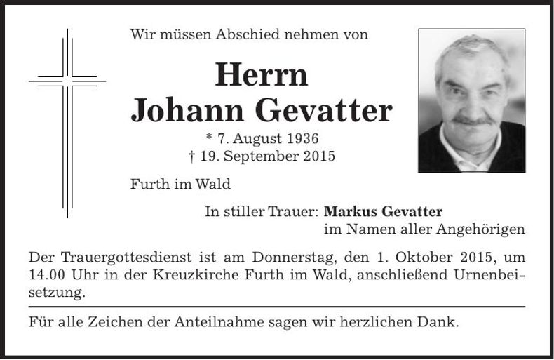Traueranzeige Johann Gevatter