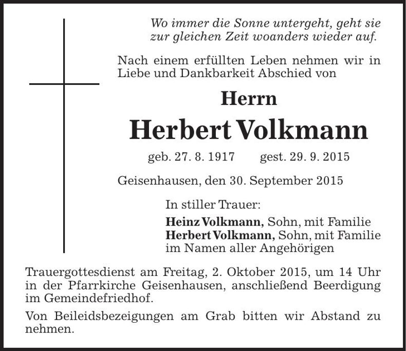 Traueranzeige Herbert Volkmann