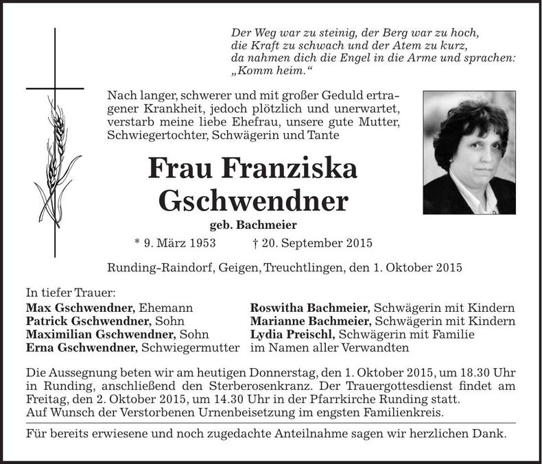 Traueranzeige Franziska Gschwendner