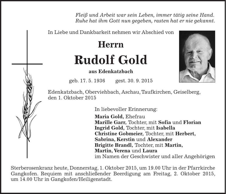 Traueranzeige Rudolf Gold
