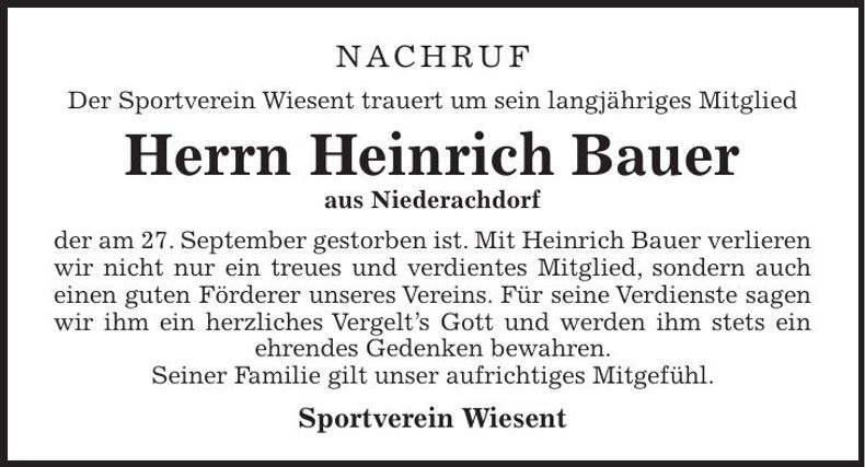 Traueranzeige Heinrich Bauer