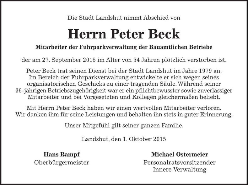 Traueranzeige Peter Beck