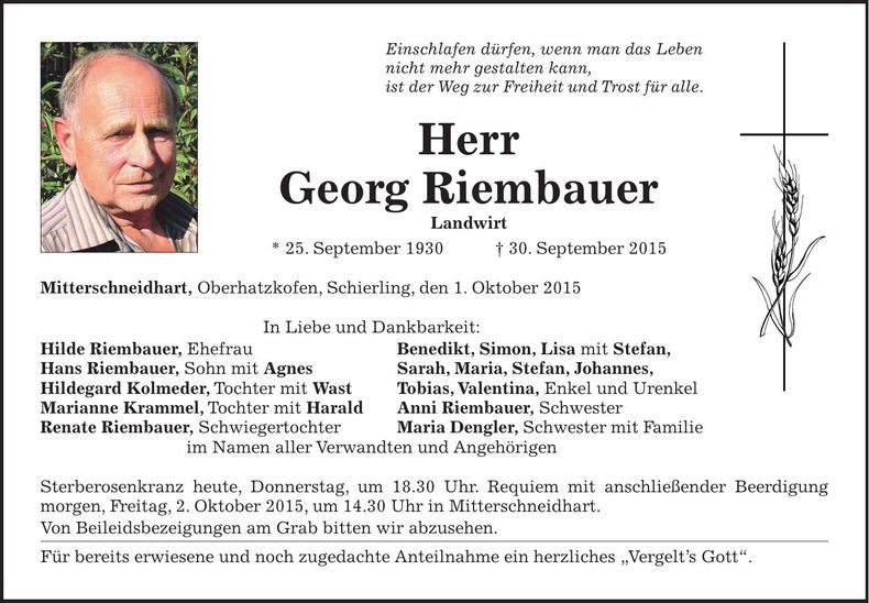 Traueranzeige Georg Riembauer