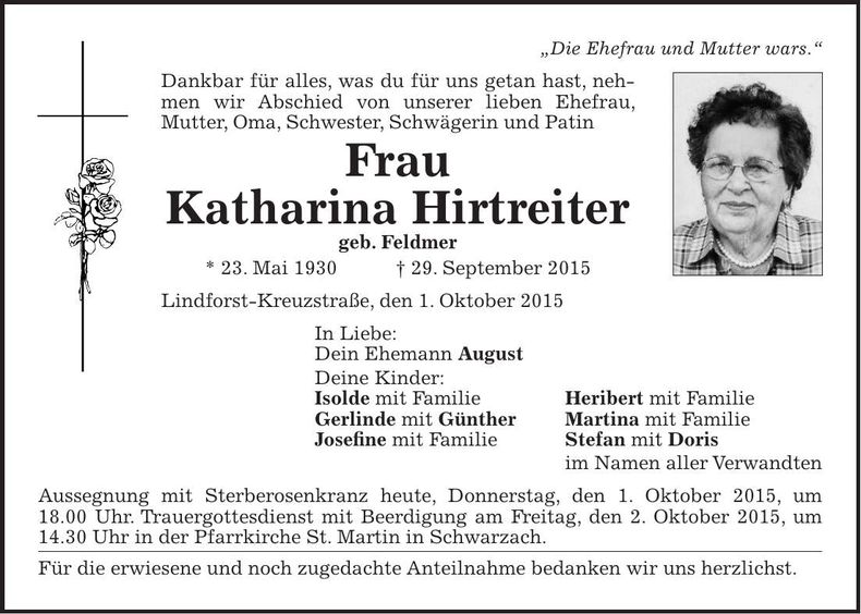 Traueranzeige Katharina Hirtreiter