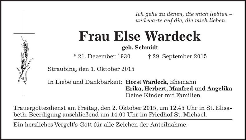 Traueranzeige Else Wardeck
