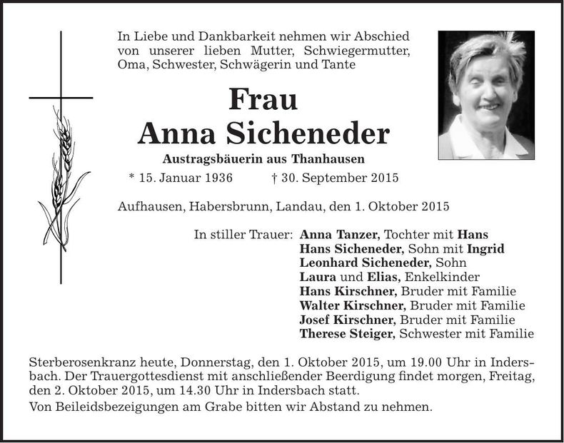 Traueranzeige Anna Sicheneder