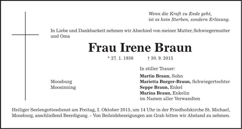 Traueranzeige Irene Braun