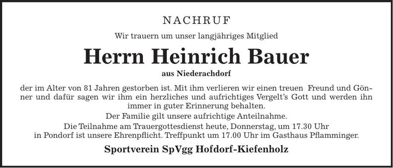 Traueranzeige Heinrich Bauer