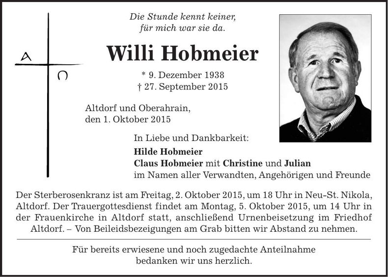 Traueranzeige Willi Hobmeier