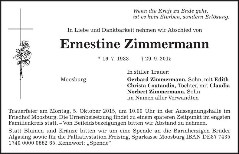 Traueranzeige Ernestine Zimmermann