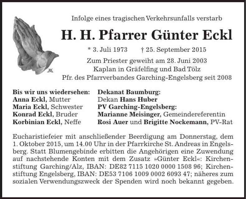 Traueranzeige Günter Pfarrer Eckl