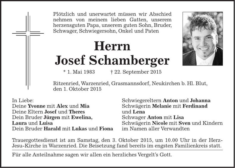 Traueranzeige Josef Schamberger
