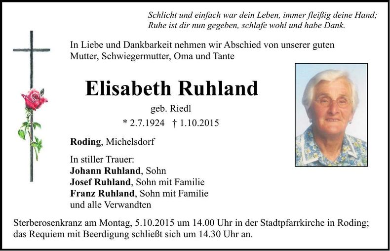 Traueranzeige Elisabeth Ruhland