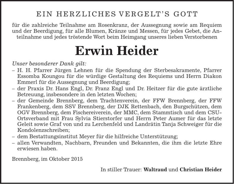 Traueranzeige Erwin Heider