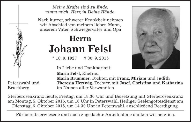 Traueranzeige Johann Felsl