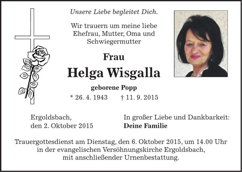 Traueranzeige Helga Wisgalla