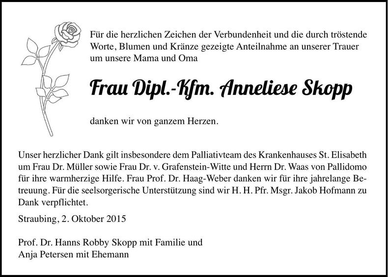 Traueranzeige Anneliese Dipl. Kfm. Skopp