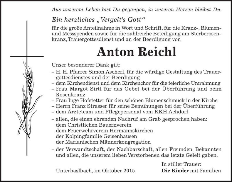Traueranzeige Anton Reichl
