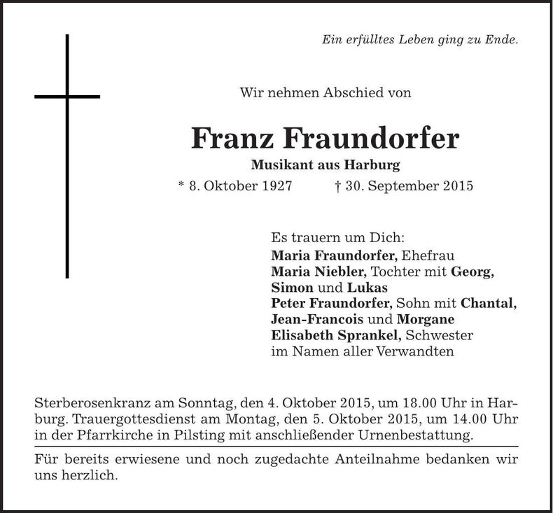 Traueranzeige Franz Fraundorfer