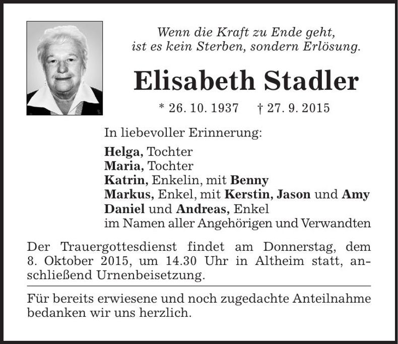Traueranzeige Elisabeth Stadler
