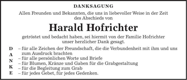 Traueranzeige Harald Hofrichter