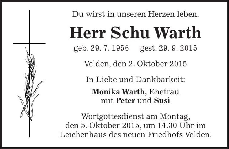 Traueranzeige Schu Warth
