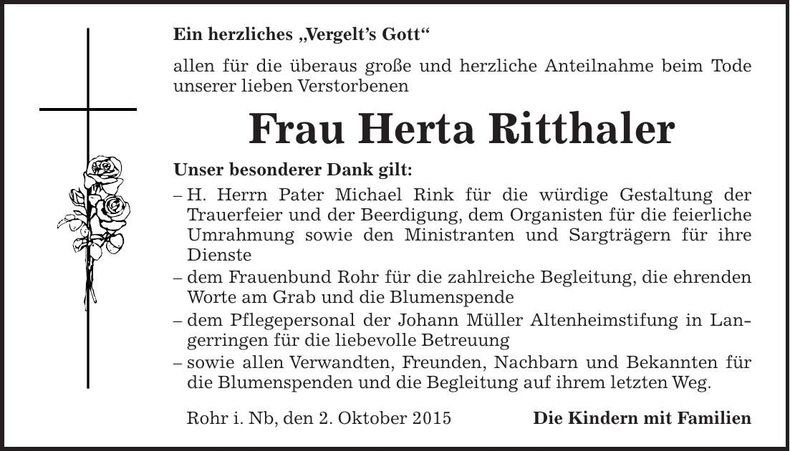 Traueranzeige Herta Ritthaler
