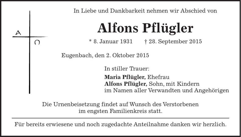 Traueranzeige Alfons Pflügler
