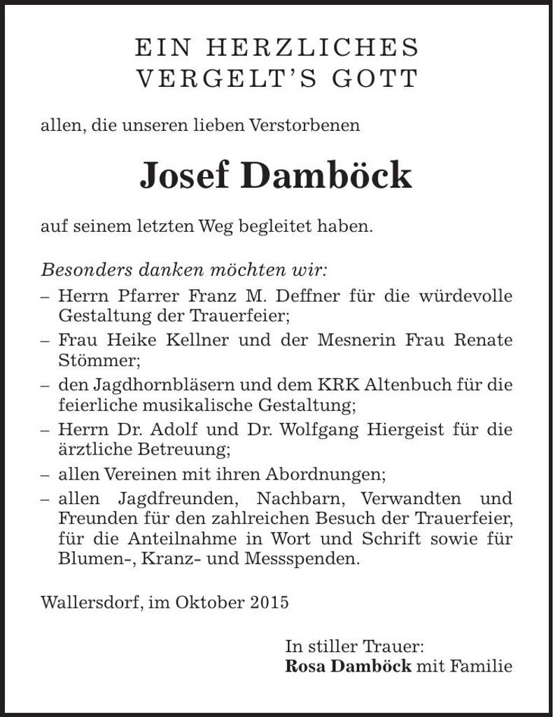 Traueranzeige Josef Damböck