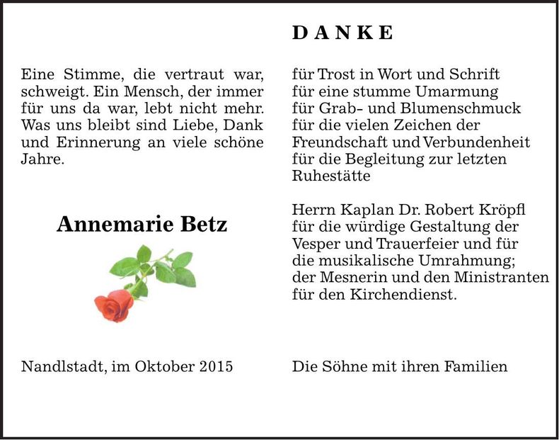 Traueranzeige Annemarie Betz
