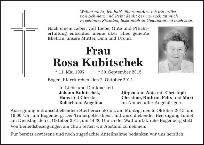Traueranzeige Rosa Kubitschek