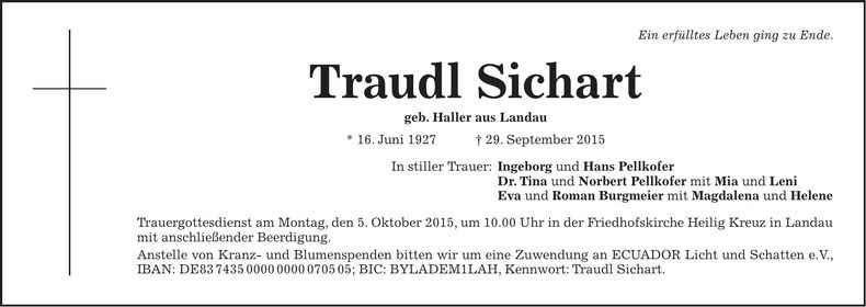 Traueranzeige Traudl Sichart