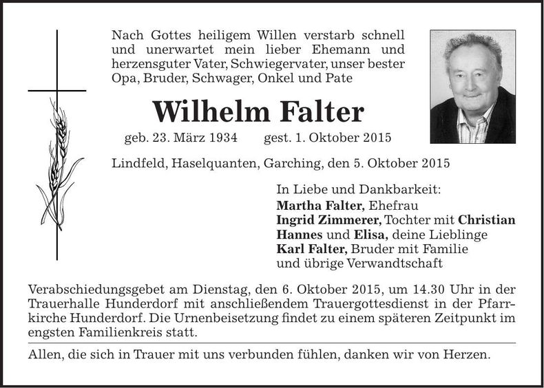 Traueranzeige Wilhelm Falter