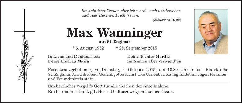 Traueranzeige Max Wanninger