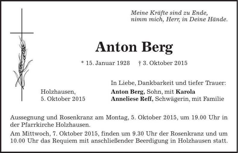 Traueranzeige Anton Berg