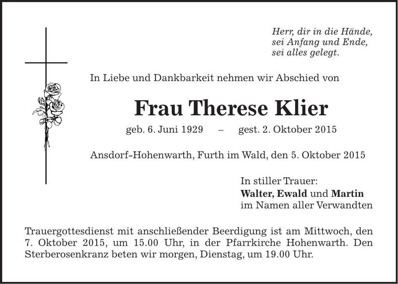 Traueranzeige Therese Klier