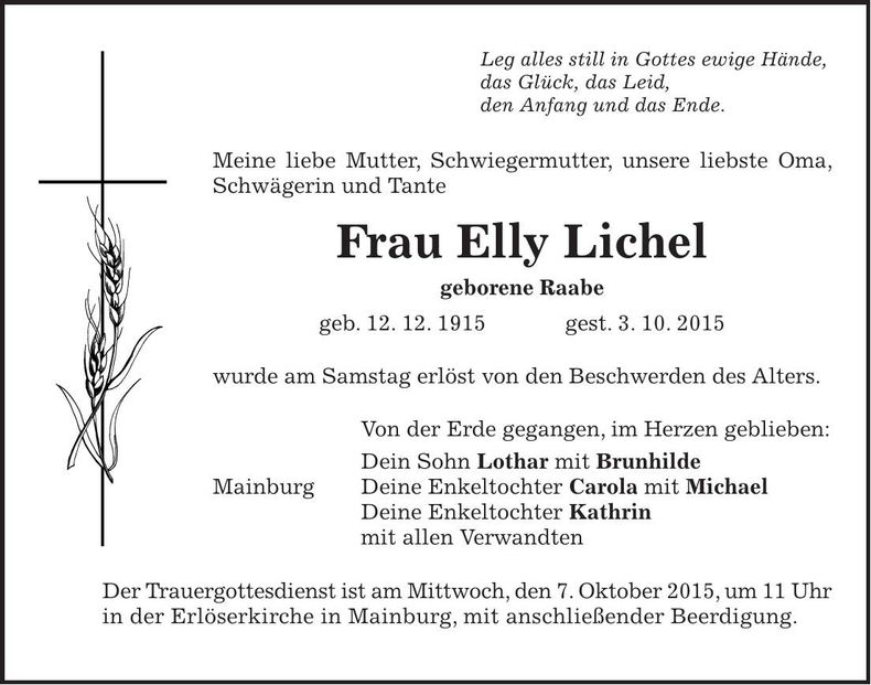 Traueranzeige Elly Lichel